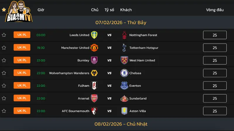 Lịch thi đấu và tỷ số theo thời gian thực
